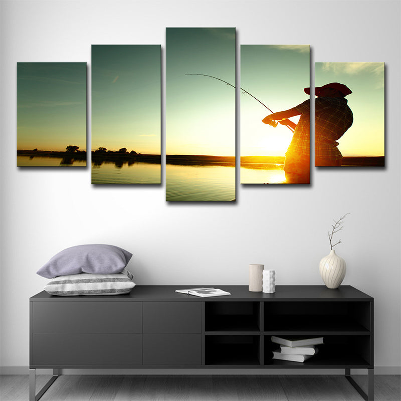 Brehn | Entertainment Angeln bei Sonnenuntergang Leinwand Modernismus Mehrteiliges Wandkunstwerk in Blau