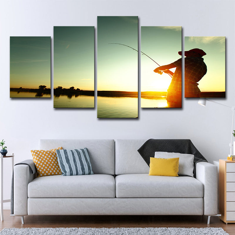 Brehn | Entertainment Angeln bei Sonnenuntergang Leinwand Modernismus Mehrteiliges Wandkunstwerk in Blau