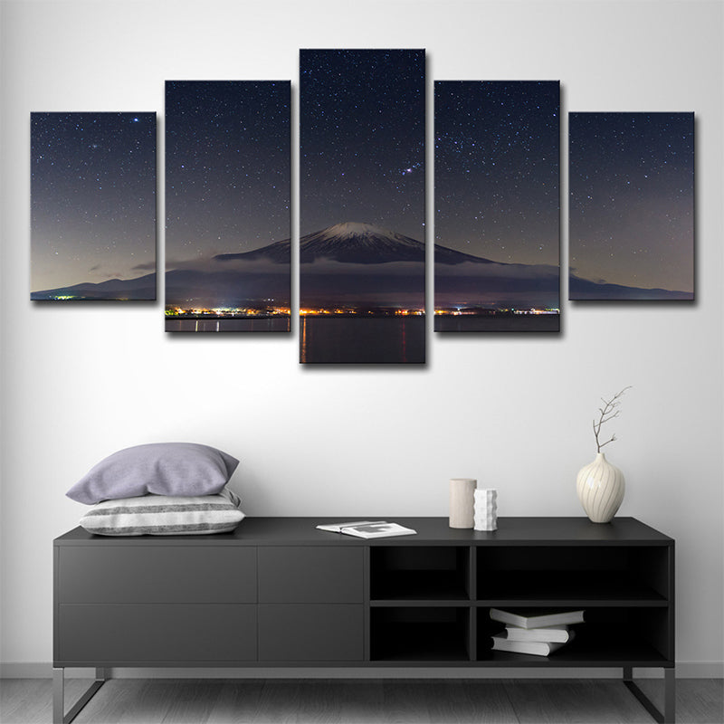 Brehn | Mount Fuji Sternennacht Wanddekoration auf schwarzem Canvas Hergestellte Wandkunst für Zimmer, Mehrteilig