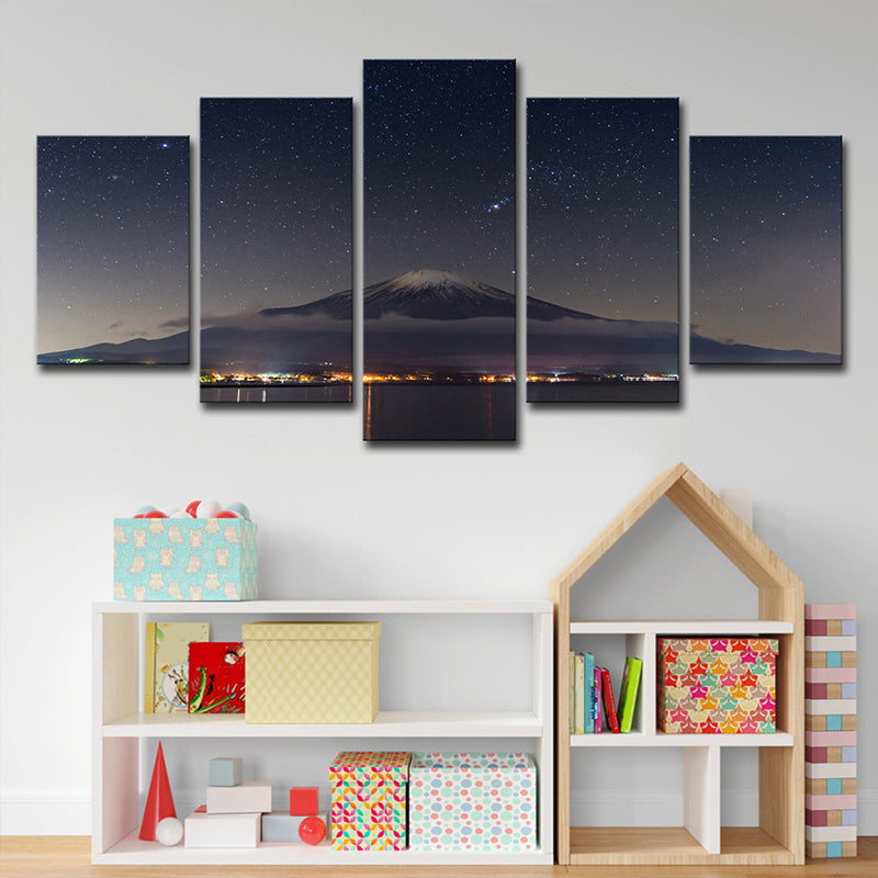 Brehn | Mount Fuji Sternennacht Wanddekoration auf schwarzem Canvas Hergestellte Wandkunst für Zimmer, Mehrteilig