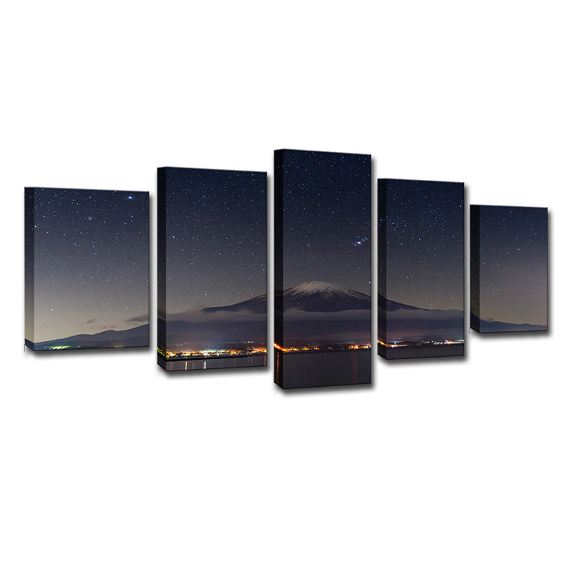 Brehn | Mount Fuji Sternennacht Wanddekoration auf schwarzem Canvas Hergestellte Wandkunst für Zimmer, Mehrteilig