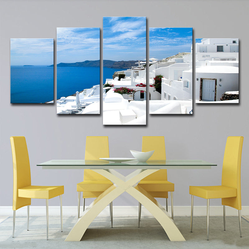 Brehn | Global Inspired Seascape Wandkunst Weiß und Blau Santorini Insel Leinwanddruck für Schlafzimmer