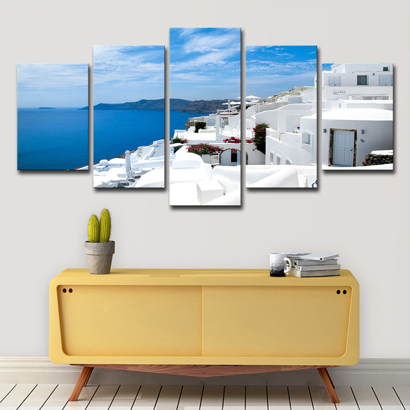 Brehn | Global Inspired Seascape Wandkunst Weiß und Blau Santorini Insel Leinwanddruck für Schlafzimmer