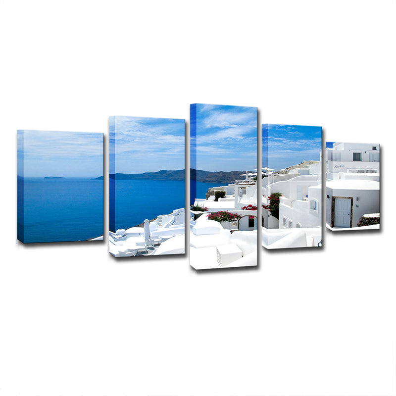 Brehn | Global Inspired Seascape Wandkunst Weiß und Blau Santorini Insel Leinwanddruck für Schlafzimmer