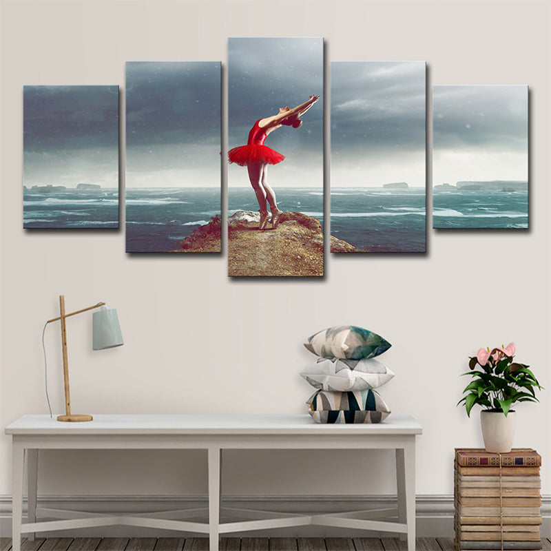 Brehn | Glam Ballerina Wandkunst Blau und Rot Ozean Insel Landschaft Leinwand für Wohnzimmer