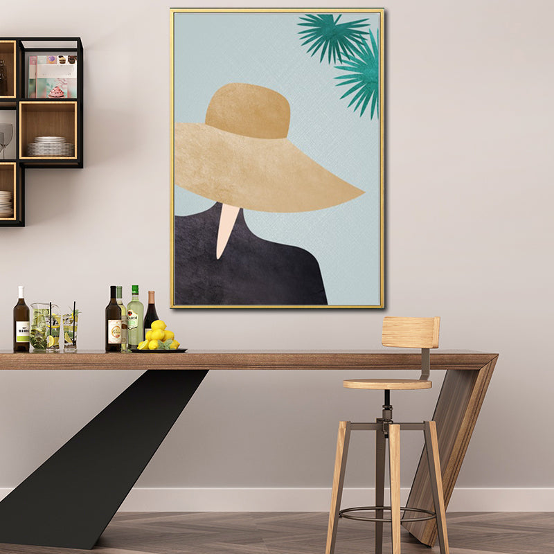 Brehn | Gelbes Nordisches Stil Leinwand Kunst Frau mit weitem Hut Wanddekoration für Mädchen Schlafzimmer
