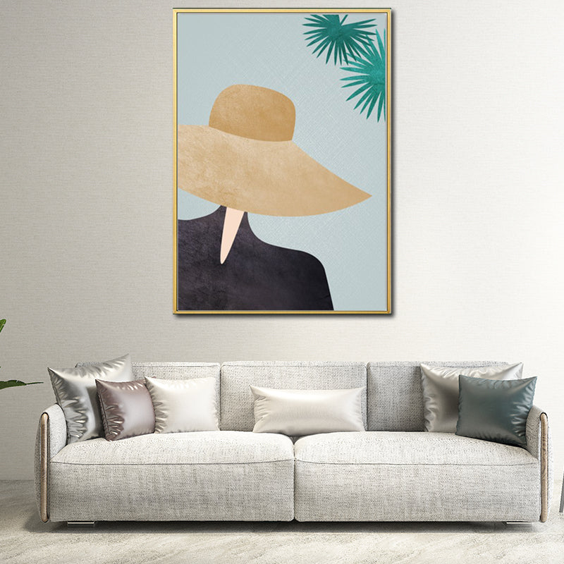 Brehn | Gelbes Nordisches Stil Leinwand Kunst Frau mit weitem Hut Wanddekoration für Mädchen Schlafzimmer