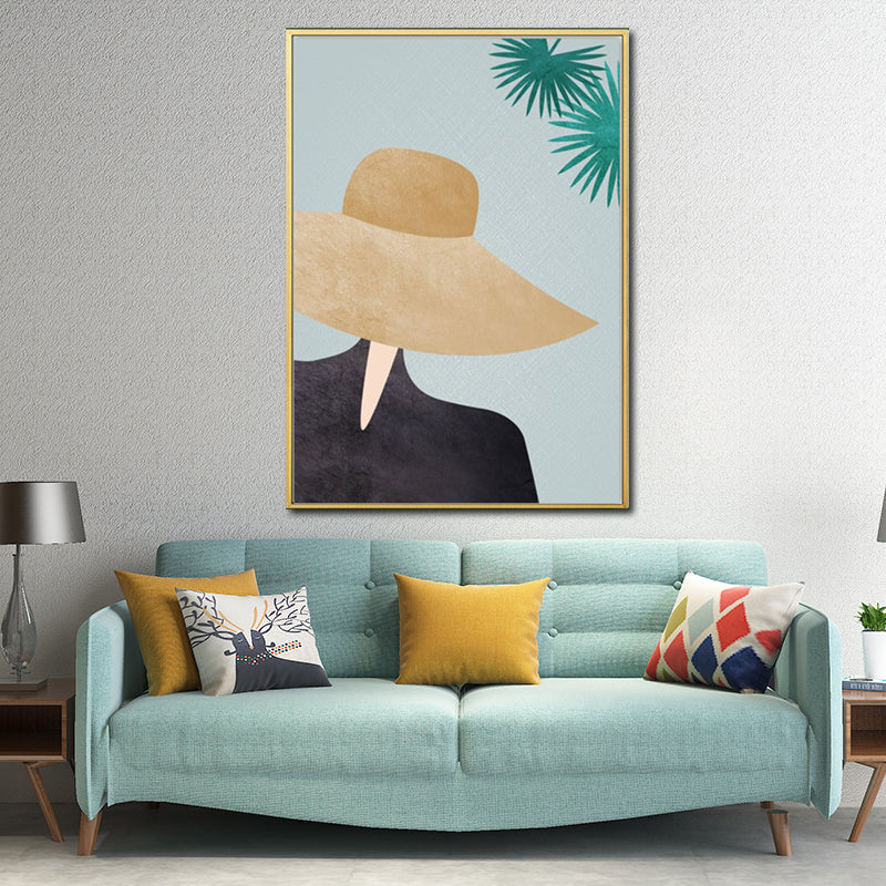 Brehn | Gelbes Nordisches Stil Leinwand Kunst Frau mit weitem Hut Wanddekoration für Mädchen Schlafzimmer
