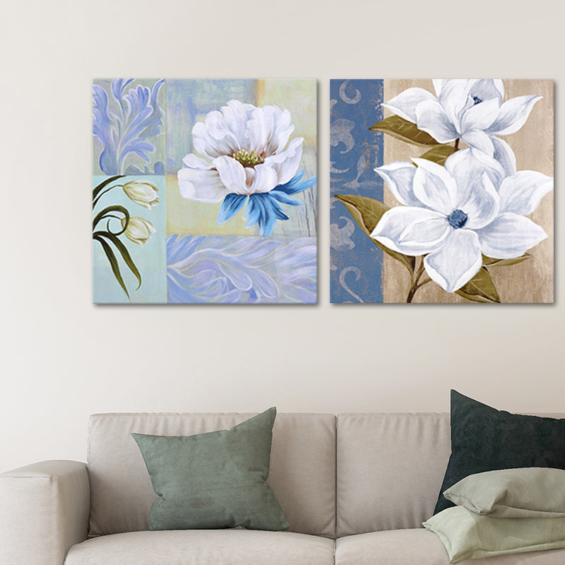 Brehn | Blumenblüte Malerei Leinwand Blau und Weiß Modernistische Wandkunst Set für Hausinterieur