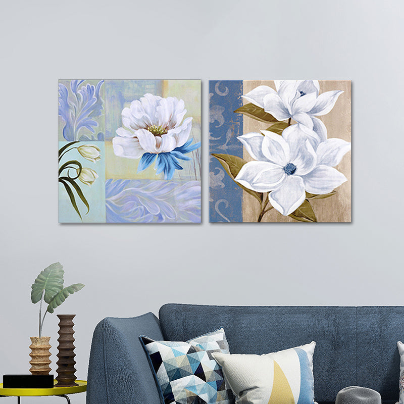 Brehn | Blumenblüte Malerei Leinwand Blau und Weiß Modernistische Wandkunst Set für Hausinterieur
