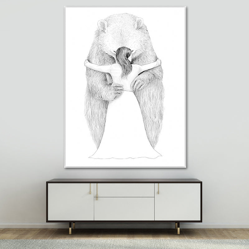 Brehn | Skandinavischer Bär und Mädchen Malerei Weiße Texturierte Wandkunst Dekor für Esszimmer