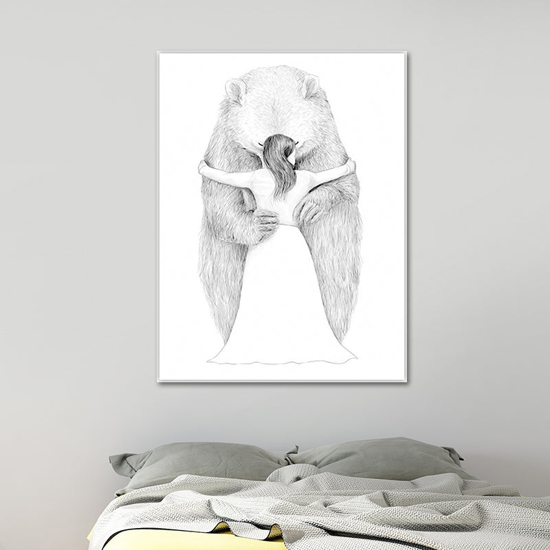 Brehn | Skandinavischer Bär und Mädchen Malerei Weiße Texturierte Wandkunst Dekor für Esszimmer
