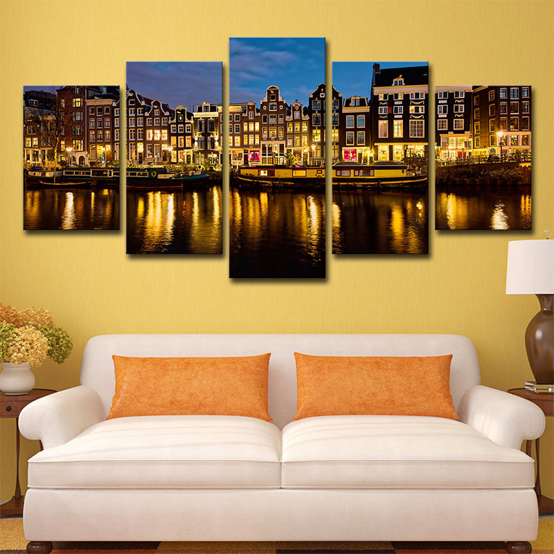 Brehn | Mehrteiliger Nacht Amsterdam Kanal Kunstdruck Leinwand Global Inspiriert Wanddekoration für Foyer
