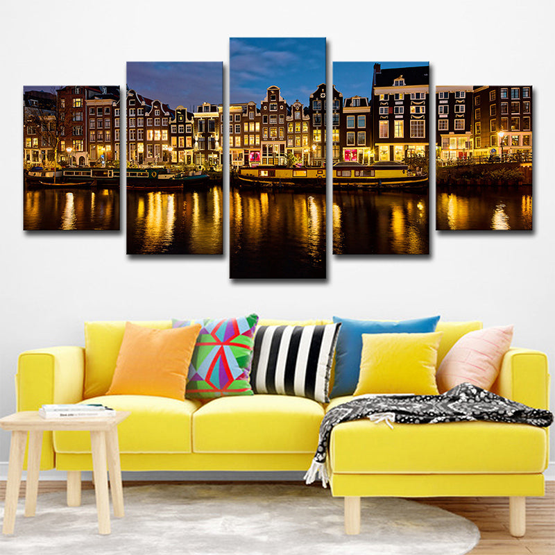 Brehn | Mehrteiliger Nacht Amsterdam Kanal Kunstdruck Leinwand Global Inspiriert Wanddekoration für Foyer