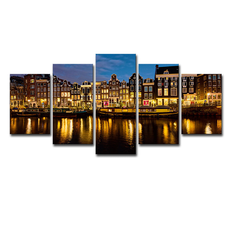 Brehn | Mehrteiliger Nacht Amsterdam Kanal Kunstdruck Leinwand Global Inspiriert Wanddekoration für Foyer