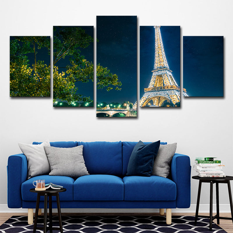 Brehn | Global Inspirierte Leinwand Wandkunst Grüner Baum und Eiffelturm bei Nacht Wanddekoration für Zuhause