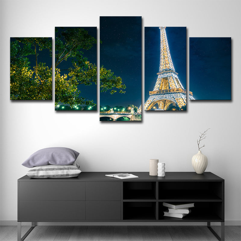 Brehn | Global Inspirierte Leinwand Wandkunst Grüner Baum und Eiffelturm bei Nacht Wanddekoration für Zuhause