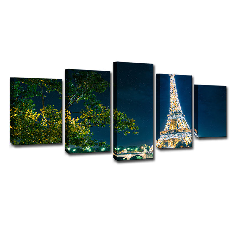 Brehn | Global Inspirierte Leinwand Wandkunst Grüner Baum und Eiffelturm bei Nacht Wanddekoration für Zuhause