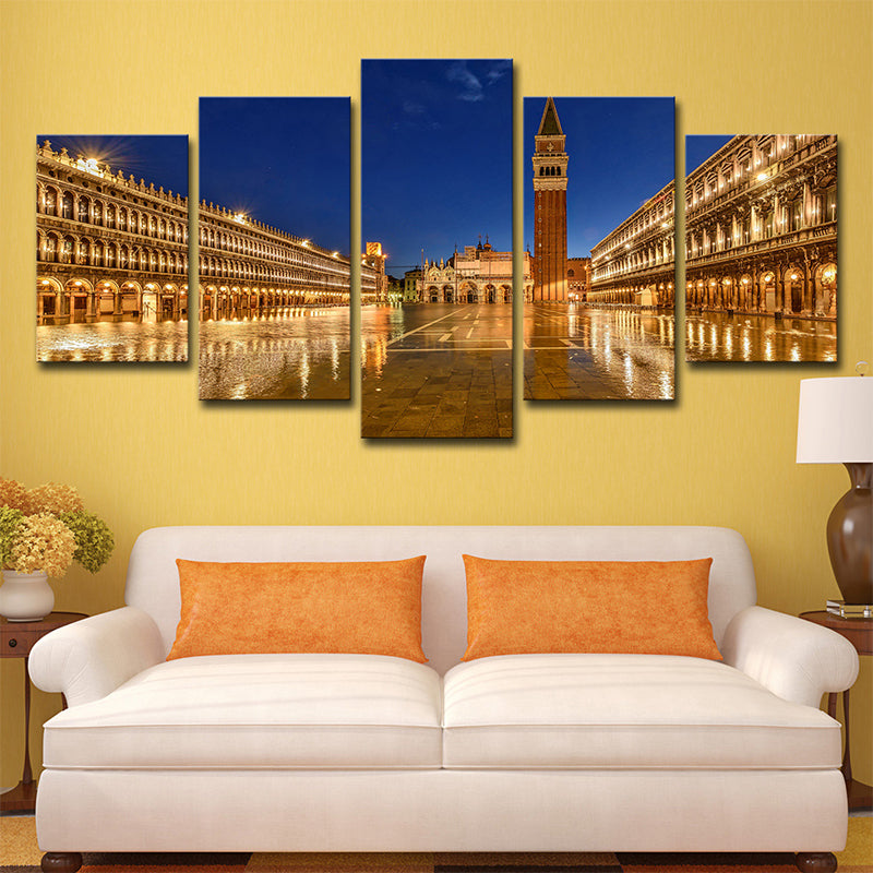 Brehn | Piazza San Marco Nacht Leinwanddruck Global Inspiriertes Mehrteiliges Wandkunstdekor in Gold