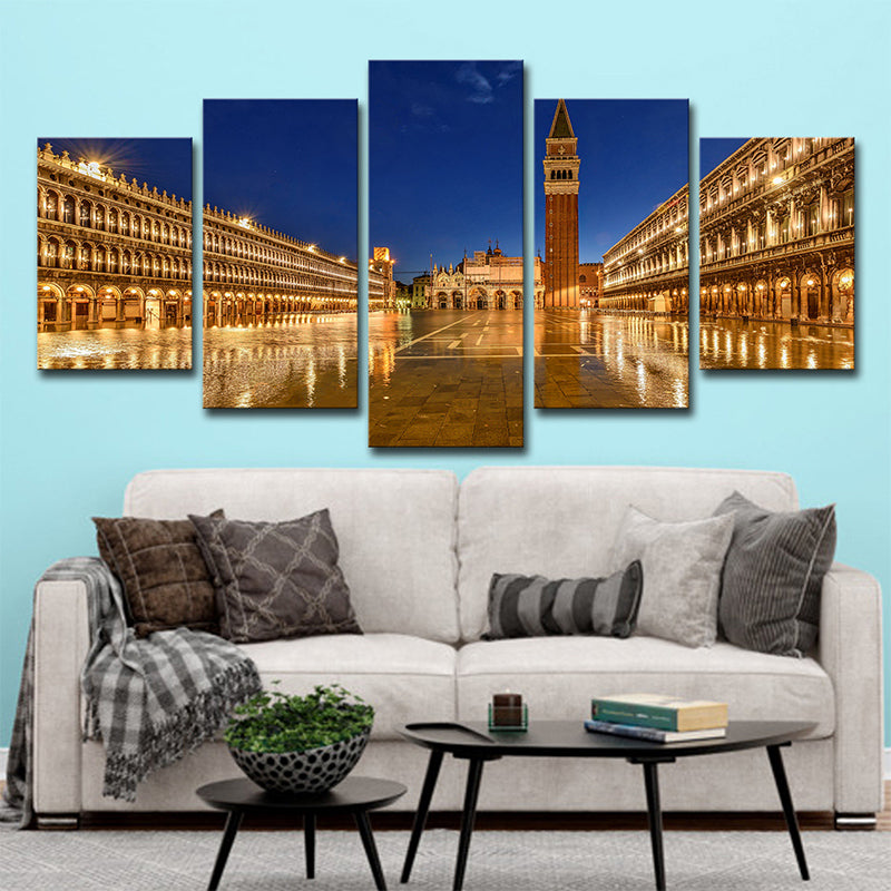 Brehn | Piazza San Marco Nacht Leinwanddruck Global Inspiriertes Mehrteiliges Wandkunstdekor in Gold
