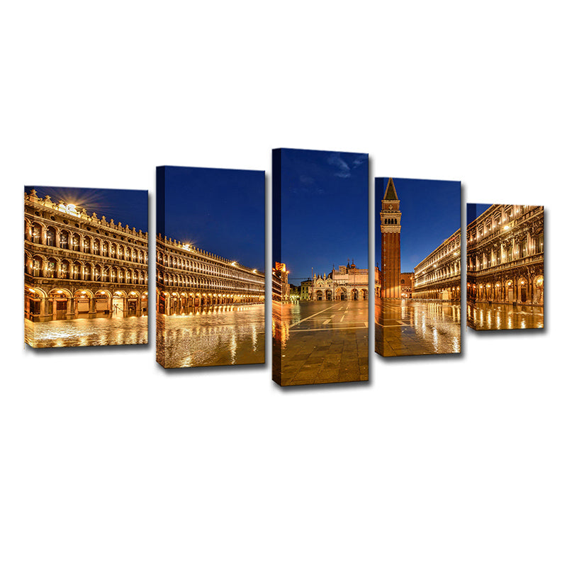 Brehn | Piazza San Marco Nacht Leinwanddruck Global Inspiriertes Mehrteiliges Wandkunstdekor in Gold