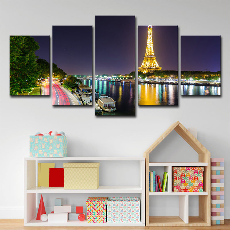 Brehn | Canvas Grün Wanddekoration Global Inspirierte Riverside Eiffel Tower Nacht Szene Kunstdruck