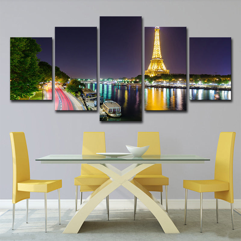 Brehn | Canvas Grün Wanddekoration Global Inspirierte Riverside Eiffel Tower Nacht Szene Kunstdruck