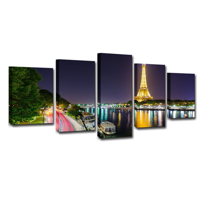 Brehn | Canvas Grün Wanddekoration Global Inspirierte Riverside Eiffel Tower Nacht Szene Kunstdruck
