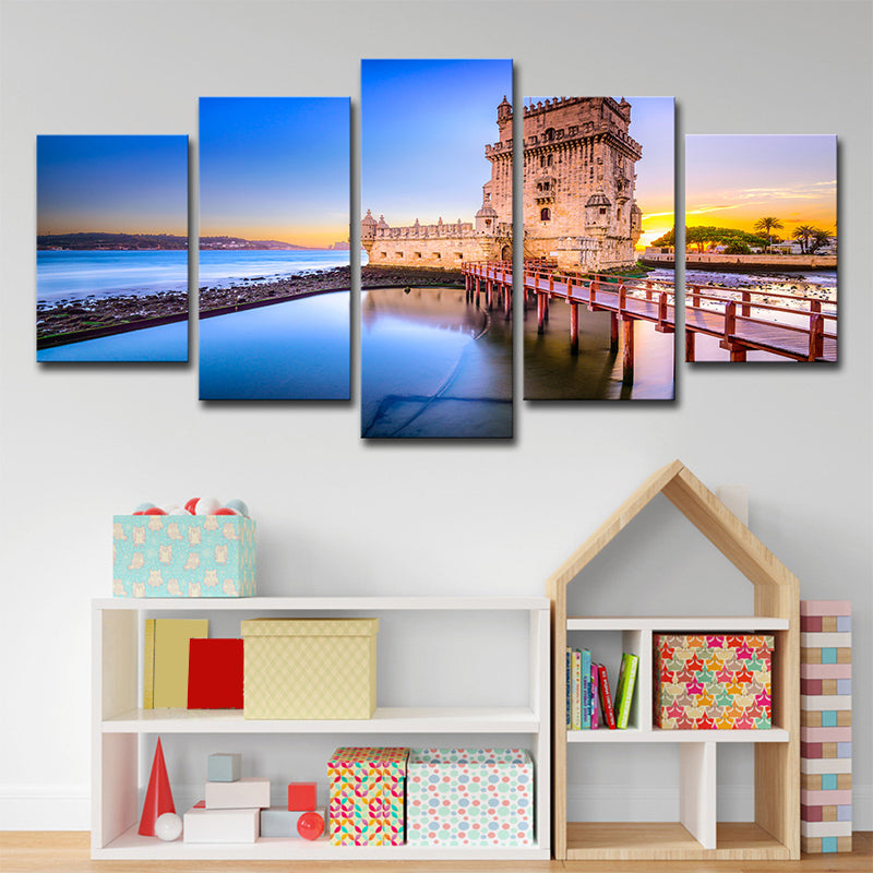 Brehn | Belem Tower Landschaft Wanddekoration in Blau Leinwanddruck für Schlafzimmer, Mehrteilig