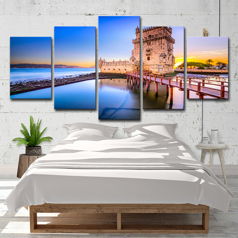 Brehn | Belem Tower Landschaft Wanddekoration in Blau Leinwanddruck für Schlafzimmer, Mehrteilig