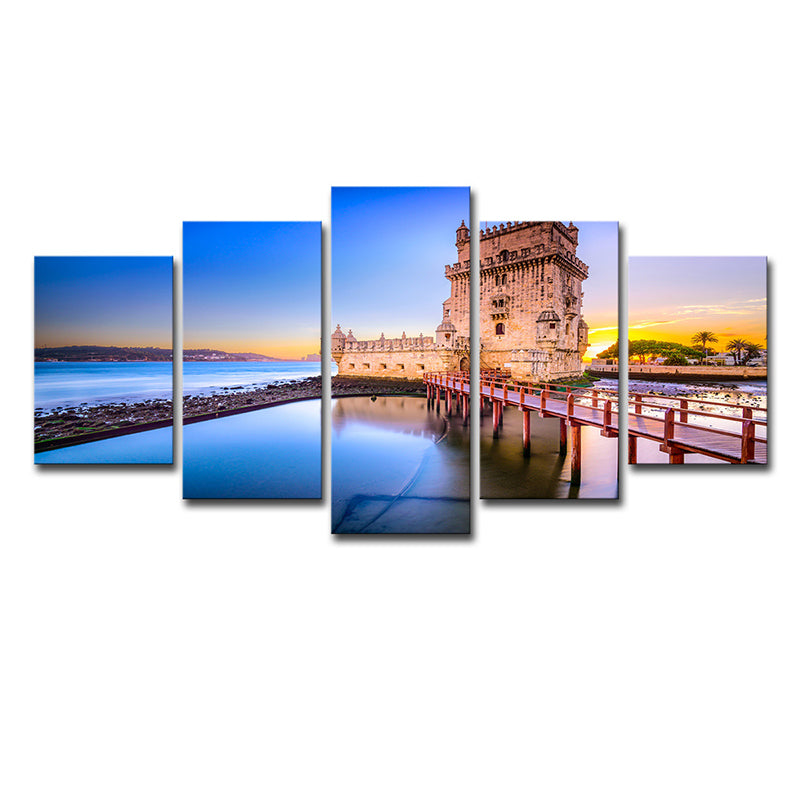 Brehn | Belem Tower Landschaft Wanddekoration in Blau Leinwanddruck für Schlafzimmer, Mehrteilig