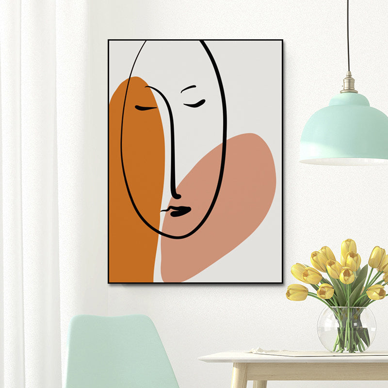 Brehn | Holzkohlezeichnungen Skandinavischer Stil Kunst Mädchen Schlafgesicht Porträt in Orange