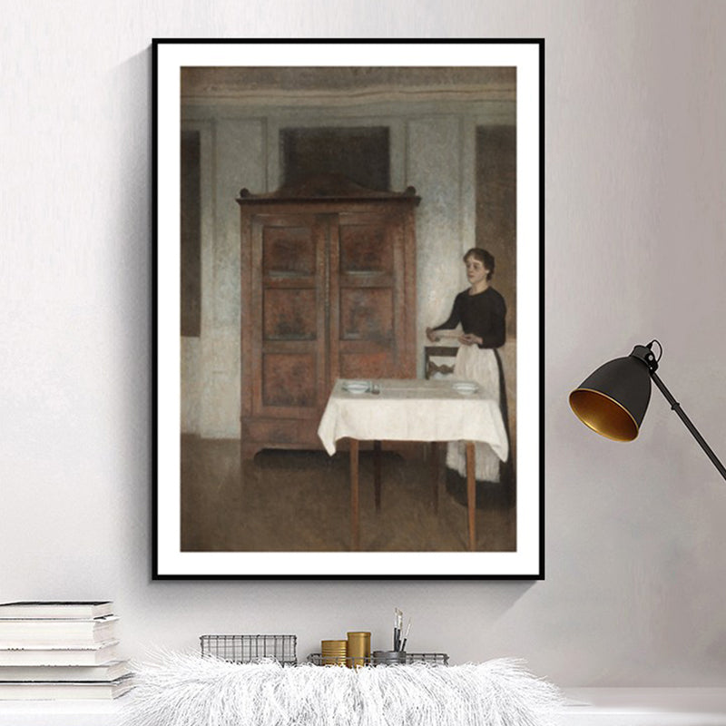 Brehn | Nostalgisch das Dienstmädchen Gemälde Kunstdruck Braune Texturierte Wanddekoration für das Esszimmer