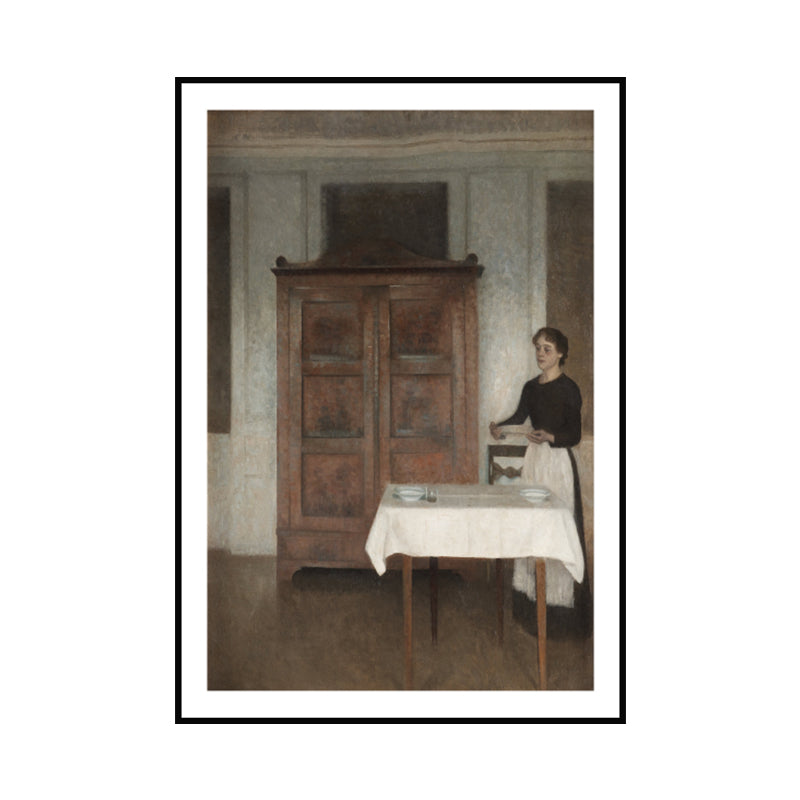 Brehn | Nostalgisch das Dienstmädchen Gemälde Kunstdruck Braune Texturierte Wanddekoration für das Esszimmer