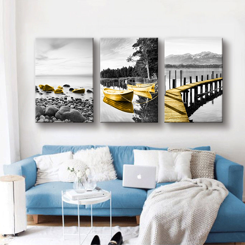 Brehn | Shore Landscape Wandkunst Dekor in Gold Tropix Leinwanddruck für das Wohnzimmer, Set von 3