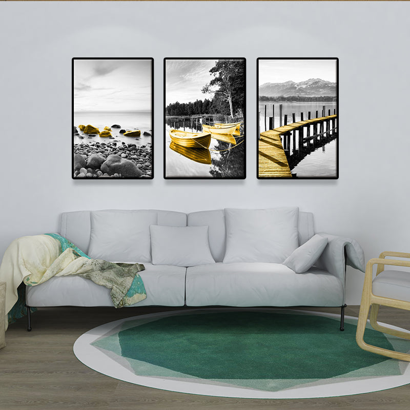 Brehn | Shore Landscape Wandkunst Dekor in Gold Tropix Leinwanddruck für das Wohnzimmer, Set von 3