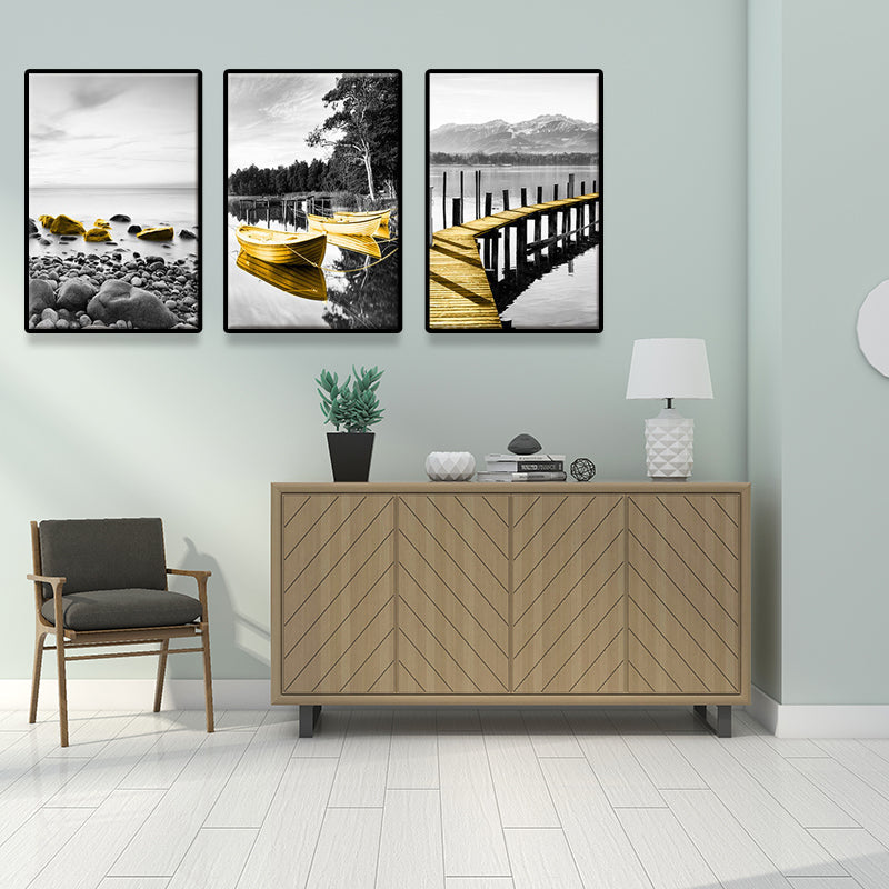 Brehn | Shore Landscape Wandkunst Dekor in Gold Tropix Leinwanddruck für das Wohnzimmer, Set von 3