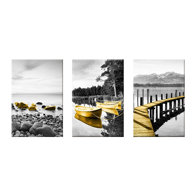 Brehn | Shore Landscape Wandkunst Dekor in Gold Tropix Leinwanddruck für das Wohnzimmer, Set von 3