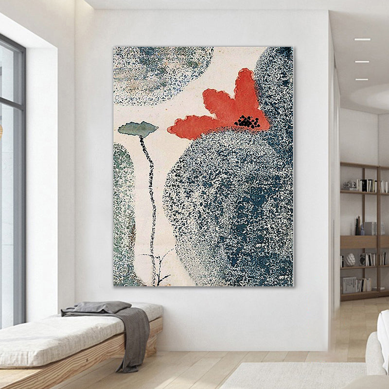 Brehn | Grau und Rot Blumen Leinwand Texturierte Oberfläche traditionelle Wohnzimmer Wandkunst Druck
