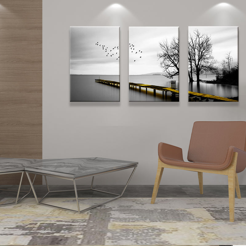 Brehn | Brücke zum Meer Leinwandkunst zeitgenössische strukturierte Wanddekoration in Grau für Zuhause