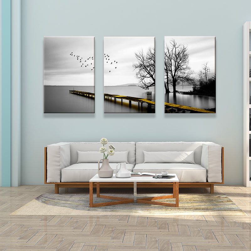 Brehn | Brücke zum Meer Leinwandkunst zeitgenössische strukturierte Wanddekoration in Grau für Zuhause