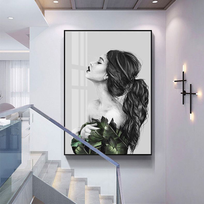 Brehn | Mädchen-Porträt- und Blattkunst Texturiert Glam-Stil für Mädchen Schlafzimmer Wanddekor