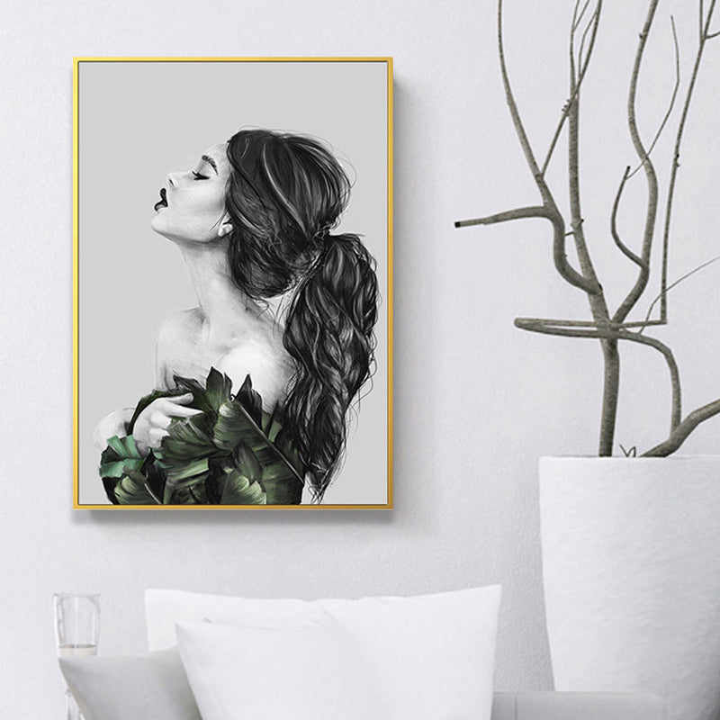 Brehn | Mädchen-Porträt- und Blattkunst Texturiert Glam-Stil für Mädchen Schlafzimmer Wanddekor
