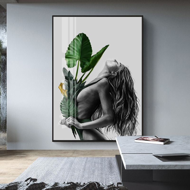 Brehn | Mädchen-Porträt- und Blattkunst Texturiert Glam-Stil für Mädchen Schlafzimmer Wanddekor