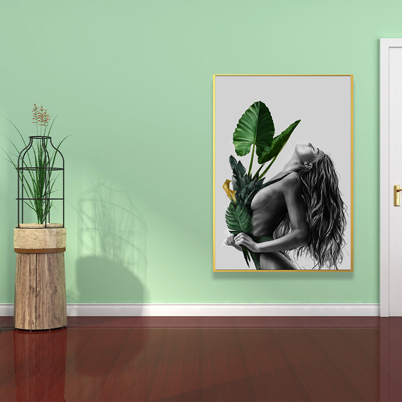 Brehn | Mädchen-Porträt- und Blattkunst Texturiert Glam-Stil für Mädchen Schlafzimmer Wanddekor