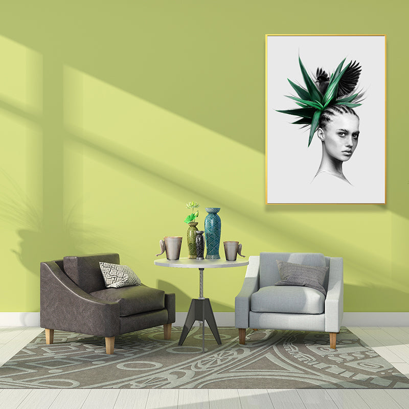 Brehn | Mädchen-Porträt- und Blattkunst Texturiert Glam-Stil für Mädchen Schlafzimmer Wanddekor