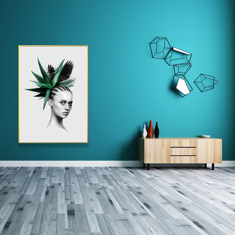Brehn | Mädchen-Porträt- und Blattkunst Texturiert Glam-Stil für Mädchen Schlafzimmer Wanddekor