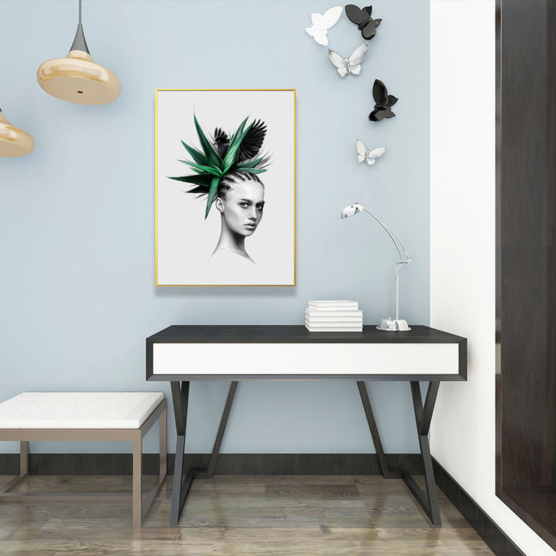 Brehn | Mädchen-Porträt- und Blattkunst Texturiert Glam-Stil für Mädchen Schlafzimmer Wanddekor