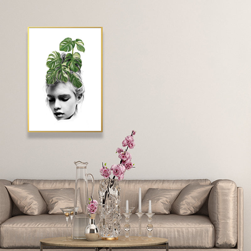 Brehn | Mädchen-Porträt- und Blattkunst Texturiert Glam-Stil für Mädchen Schlafzimmer Wanddekor
