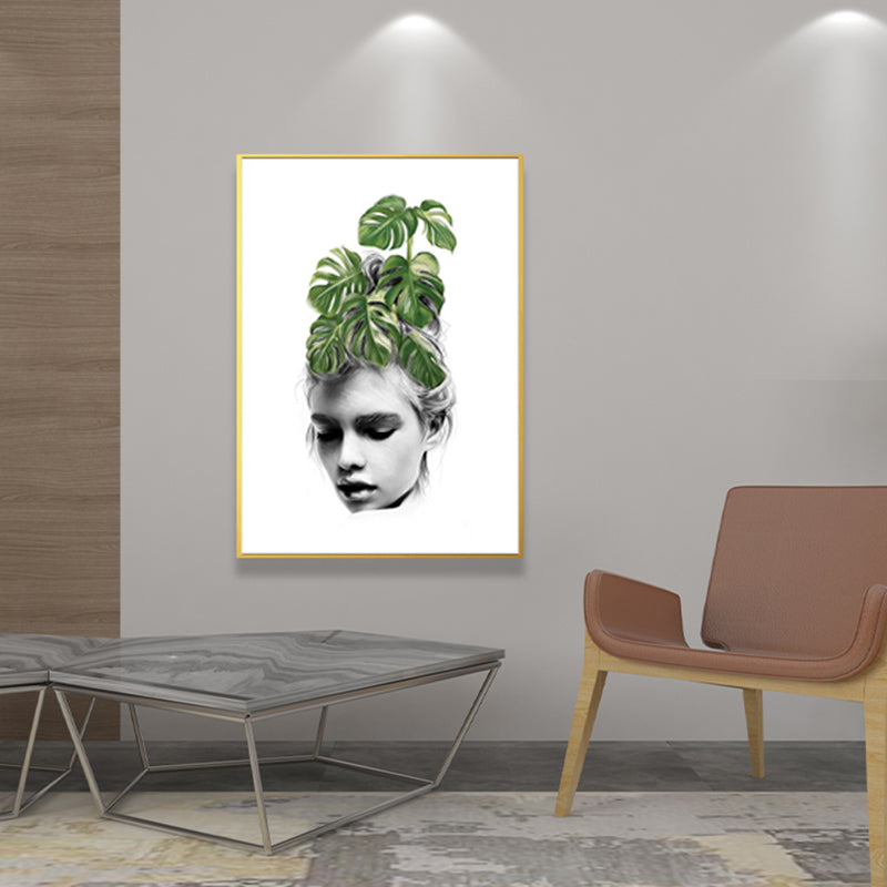 Brehn | Mädchen-Porträt- und Blattkunst Texturiert Glam-Stil für Mädchen Schlafzimmer Wanddekor